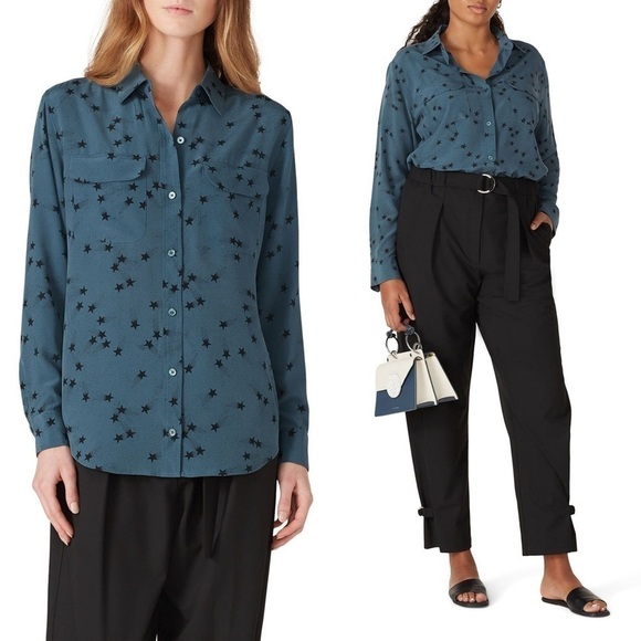 EQUIPMENT FEMME Teal Silk Star Print Long Sleeve Button Up Signature Blouse M - Picture 4 of 16